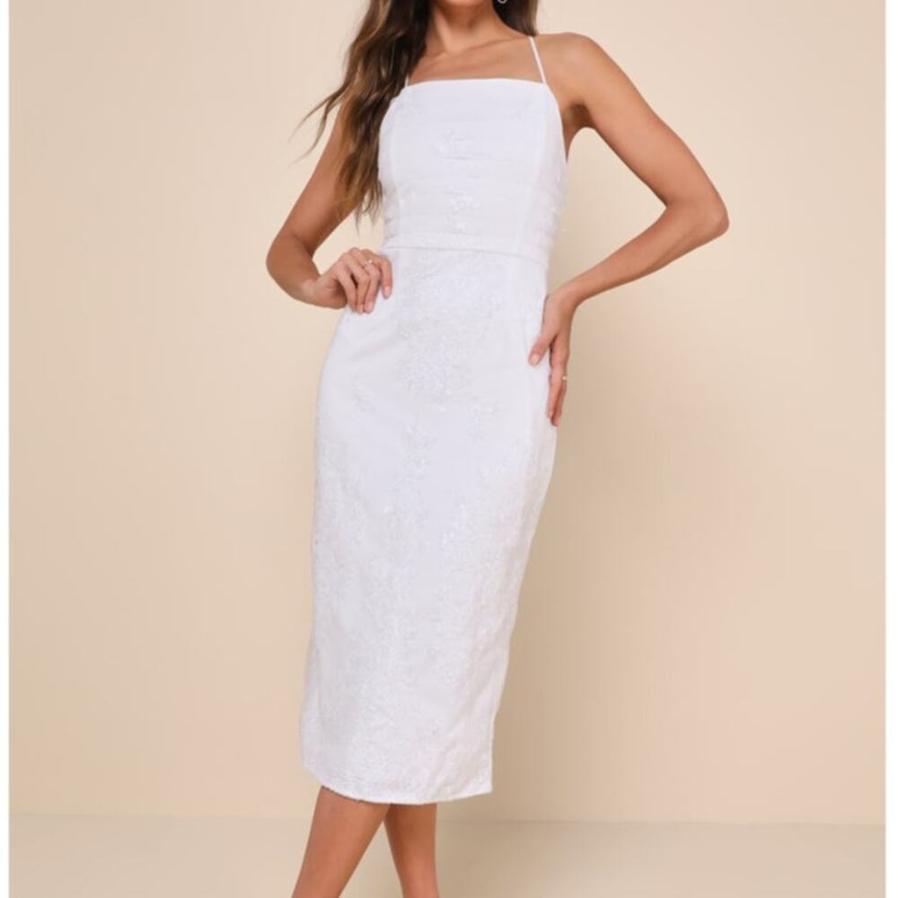 NEW Lulus Celebratory Beauty White Mesh Embroidered Sequin Lace-Up Midi Dress